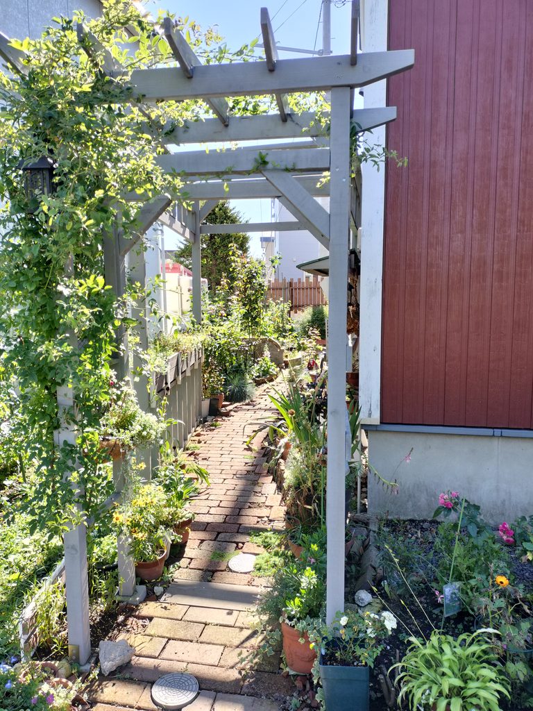 植栽とパーゴラと木製フェンスに囲まれたレンガの小道