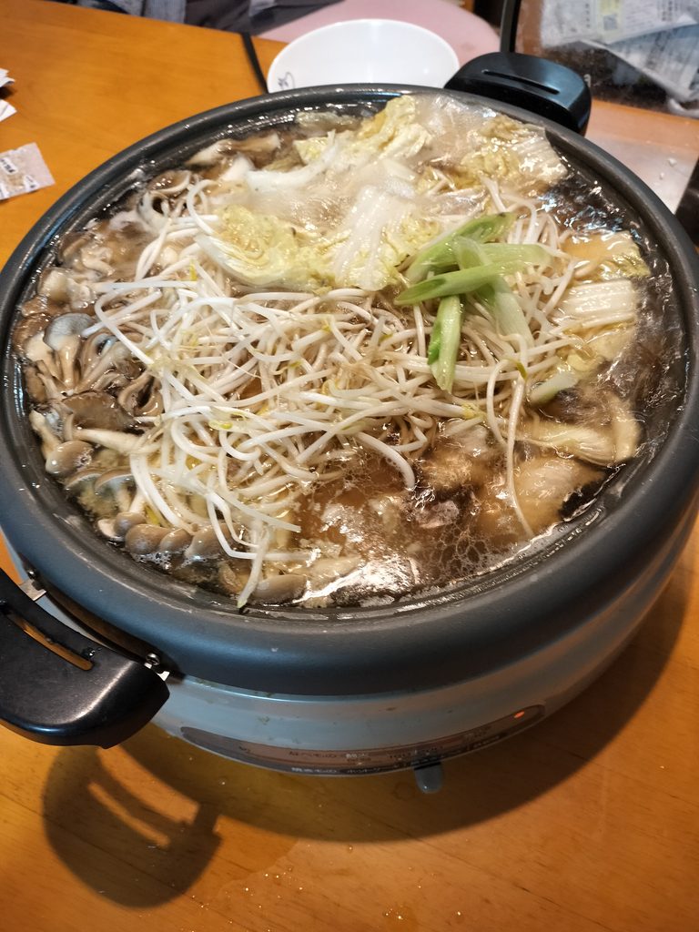 庭で収穫したネギを入れた鍋料理