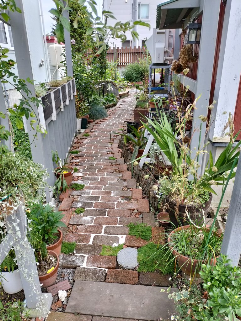 白い珪砂で目地砂を補充した完成後のレンガの小道